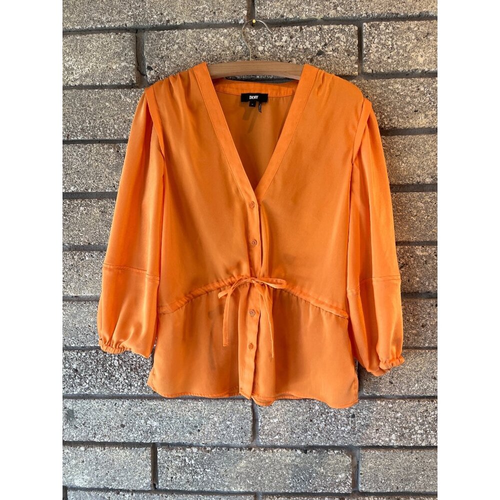 DKNY Orange Button-Up Blouse With Tie Waist & Puff Sleeves Womens M